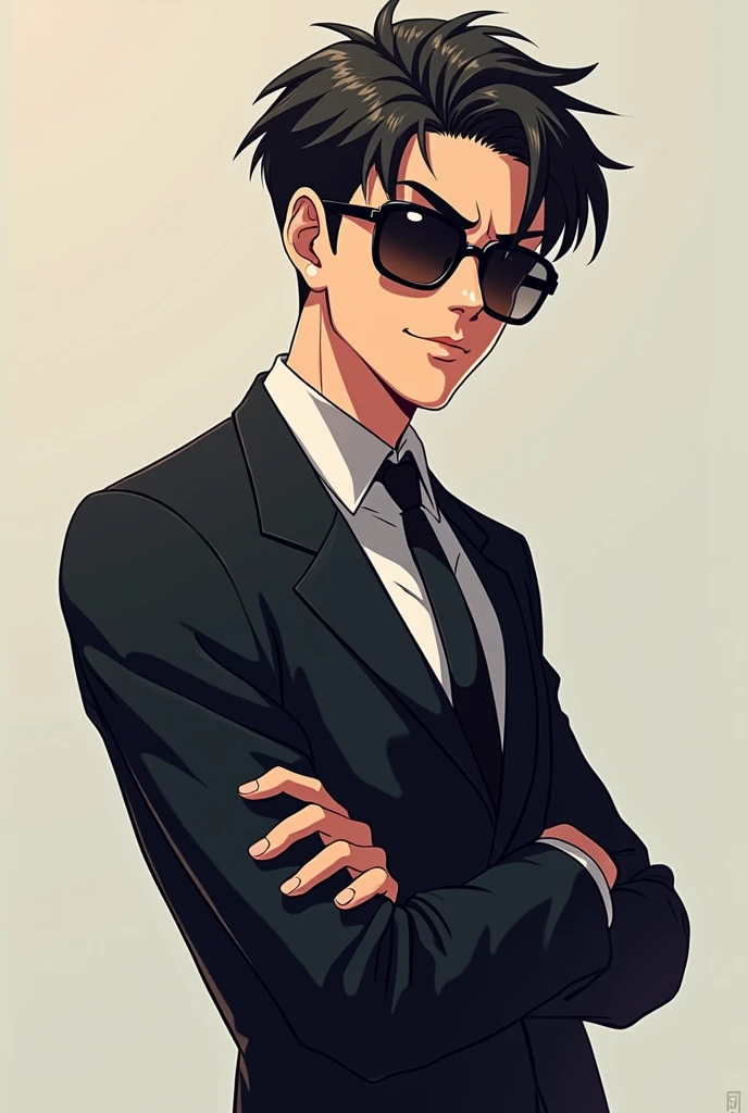 Mafia boy with tinted sunglasses anime. Both shoulders can be seen. Smiling