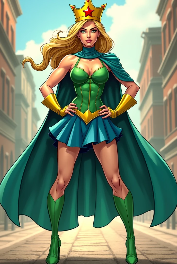 create a comic book superheroine, with blue skirt, green corset blouse, light green tights, green high heel high top shoes, yellow tiara with red star, clear hair, at 