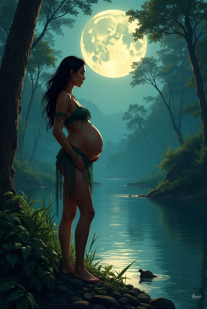 pregnant amazonian woman on the riverbank on a full moon night