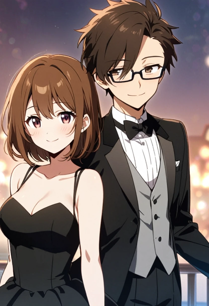 anime, two people, one beautiful female with long brown hair and no glasses and big breast in a beautiful black sleeveless dress, the other person is a male with short dark brown hair and black rimmed glasses in a tuxedo, they are boyfriend and girlfriend, lovers, smiling 