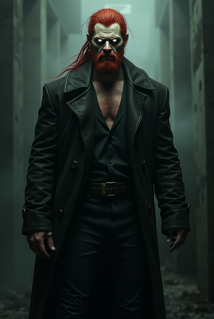 An adult man with reddish hair and completely white eyes, big and intimidating.