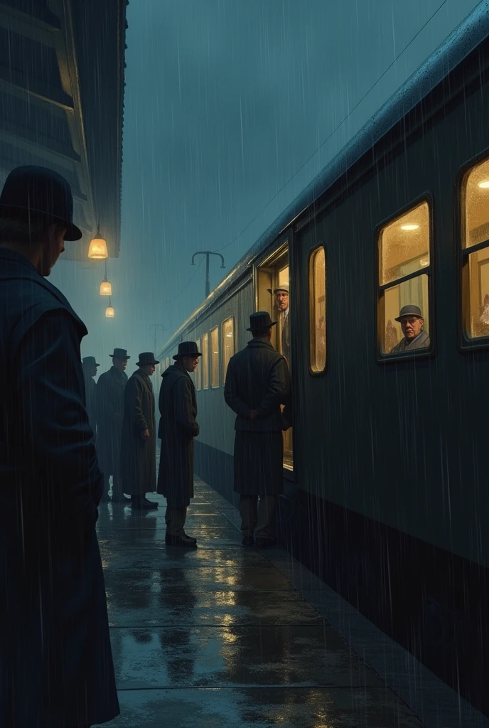 People from a village talking to each other at a train station when a sick man is getting off the train car on a dark and rainy night 