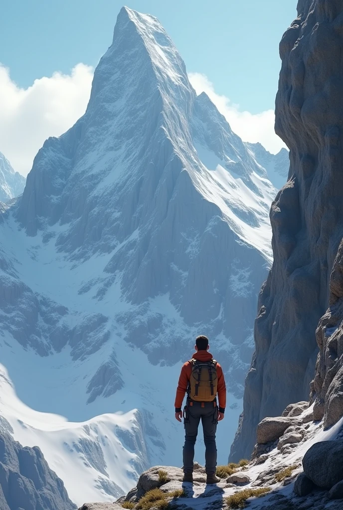 **Ali Beginning His Climb**: Ali, a small figure compared to the massive mountain, starts his climb. He is equipped with simple climbing gear and shows a focused expression as he begins to scale the steep, rocky path 3d animate
