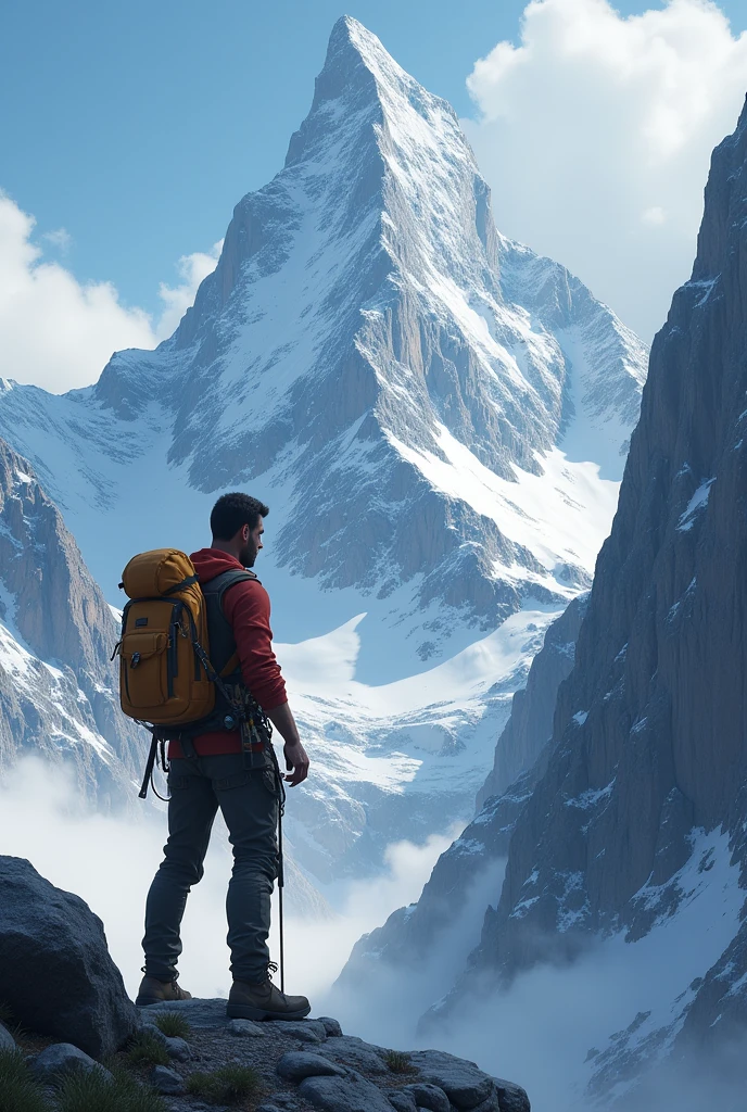 **Ali Beginning His Climb**: Ali, a small figure compared to the massive mountain, starts his climb. He is equipped with simple climbing gear and shows a focused expression as he begins to scale the steep, rocky path 3d animate