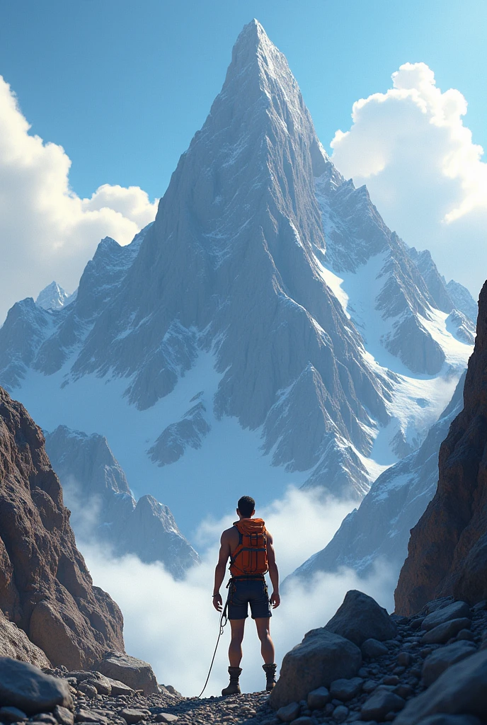 **Ali Beginning His Climb**: Ali, a small figure compared to the massive mountain, starts his climb. He is equipped with simple climbing gear and shows a focused expression as he begins to scale the steep, rocky path 3d animate