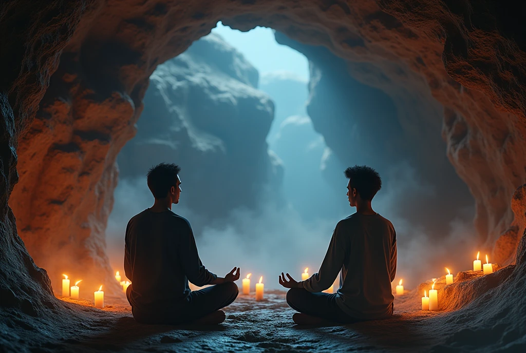 A picture of Joe n Prince in a cave meditating with a calm expression.Oh concentration,In the background there are candles and elements that symbolize spiritual practice