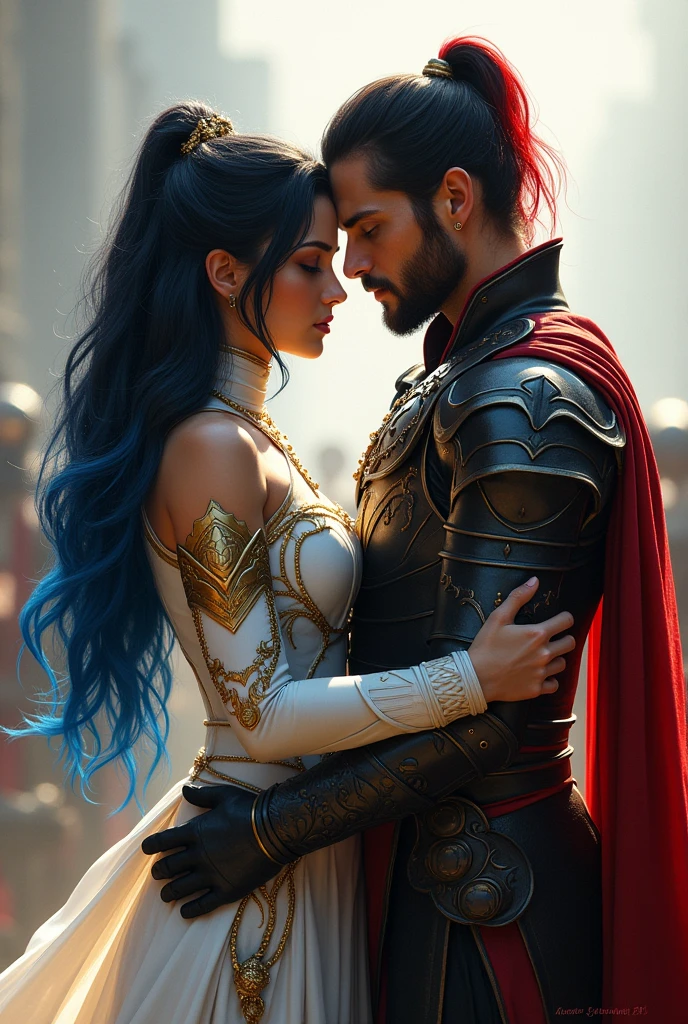 a warrior and a warrioress. they are embraced and linked by battle the woman has white and gold armor the man has black armor with red. they won the war after a great battle. she has blue highlights in her long black hair and he has red highlights in his black hair. the man is big and strong. he has a medium beard
