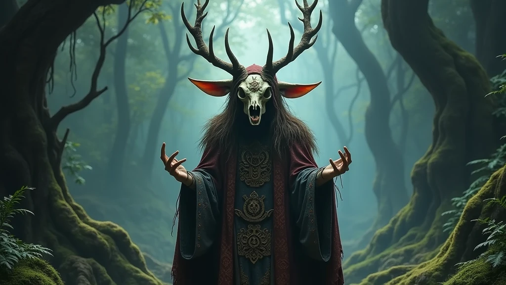 a goblin shaman wearing deer skull headdress, ornate shaman robes, detailed intricate patterns, mystical ritual, dark forest background, moody lighting, cinematic composition, highly detailed, 8k, photorealistic, digital painting