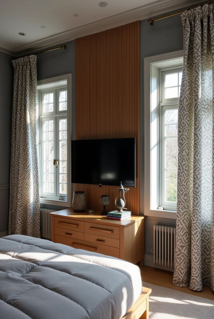 The wall opposite the bedroom entrance door, in shades of gray, features two French windows with patterned curtains, that add a decorative element and at the same time allow control of natural lighting. Between the windows, the wooden slatted panel with built-in television creates a modern focal point, while the wooden sideboard below, decorated with charming ornaments, adds functionality and style to the environment.