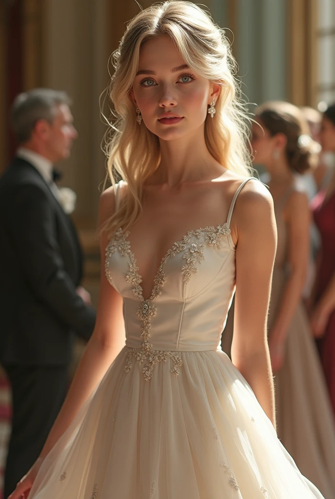 Tea-colored hair。Heavenly Eyes。A sophisticated white dress。noble。daughter。first time々A lovely and beautiful girl。debutante。society。