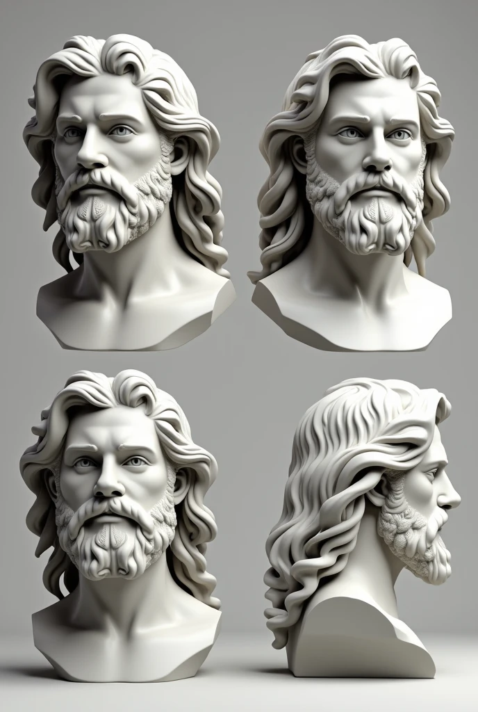 je veux le visage de la sculpture de Zeus quand il est jeune de 4 vues: objectif , profile, trois quart et derriere, 