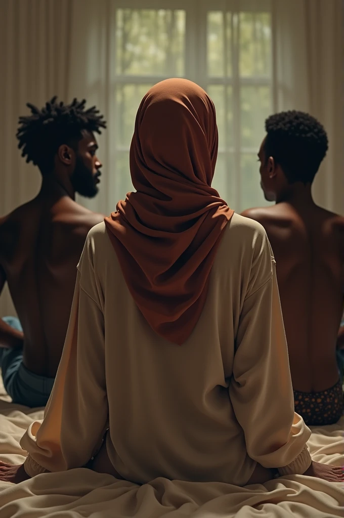 A woman in a hijab with an open shirt is sitting with her back to 2 black men on the bed.
