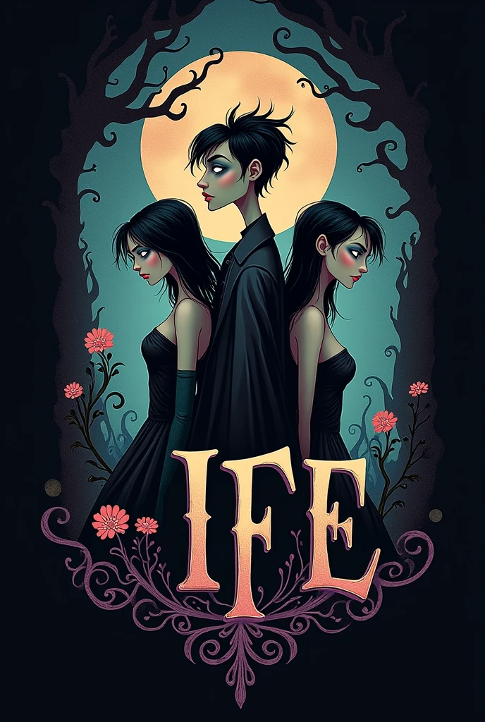  Logo for YouTube with these initials IFE, something crazy happened, drawing design tin Burton two black haired women and a black haired man 