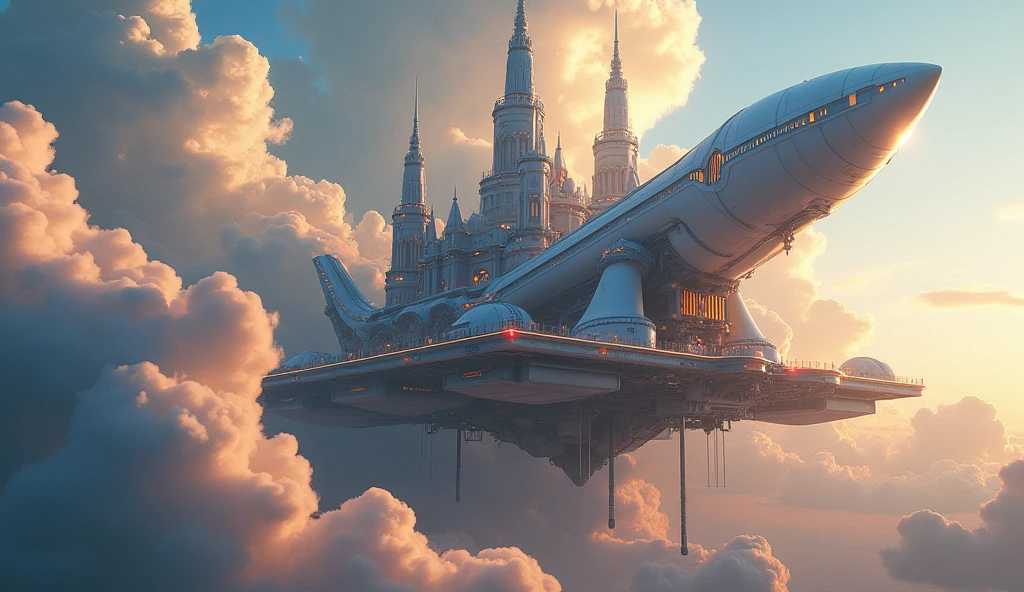 a sky platform with a rocket-shaped castle, the castle rising into the sky, lift off, cinematic, 8k, photorealistic, intricate details, dramatic lighting, fantasy, vibrant colors, dramatic clouds, futuristic, sci-fi, mechanical, grand scale, epic, masterpiece