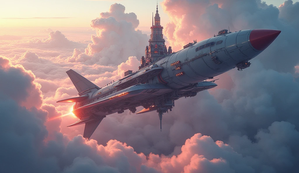 a sky platform with a rocket-shaped castle, the castle rising into the sky, lift off, cinematic, 8k, photorealistic, intricate details, dramatic lighting, fantasy, vibrant colors, dramatic clouds, futuristic, sci-fi, mechanical, grand scale, epic, masterpiece