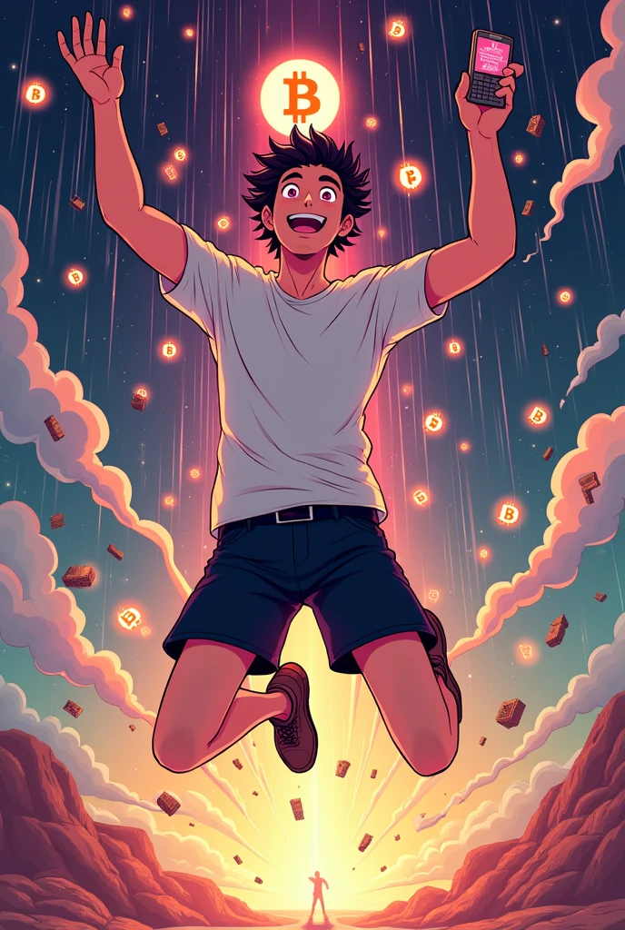 A full body image of a man jumping for joy in the style of a Japanese anime character illustration、Pink eyes and short hair、white undershirt, black shorts。In the center is a man holding a smartphone and opening his hands in the air..。Your smartphone is lighting up with an AirDrop notification.。Several cryptocurrency icons are shown falling from the sky like digital raindrops.、「Airdrop Addiction 」Expressing。 Ao redor dela、Floating currency、token、The background is filled with Bitcoin symbols.、Vibrant、Creates an almost chaotic atmosphere.。The color palette includes neon brown、purple、Green is used、Reminiscent of a futuristic digital world。