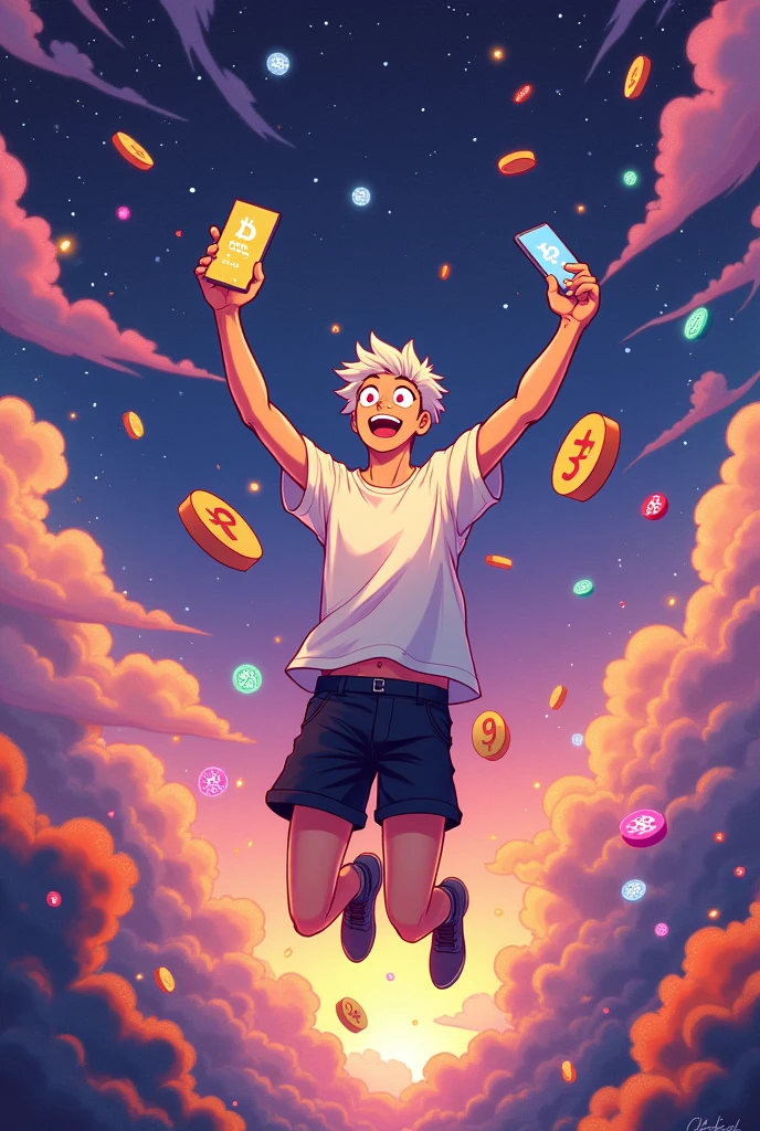 A full body image of a man jumping for joy in the style of a Japanese anime character illustration、Pink eyes and short hair、white undershirt, black shorts。In the center is a man holding a smartphone and opening his hands in the air..。Your smartphone is lighting up with an AirDrop notification.。Several cryptocurrency icons are shown falling from the sky like digital raindrops.、「Airdrop Addiction 」Expressing。 Ao redor dela、Floating currency、token、The background is filled with Bitcoin symbols.、Vibrant、Creates an almost chaotic atmosphere.。The color palette includes neon brown、purple、Green is used、Reminiscent of a futuristic digital world。