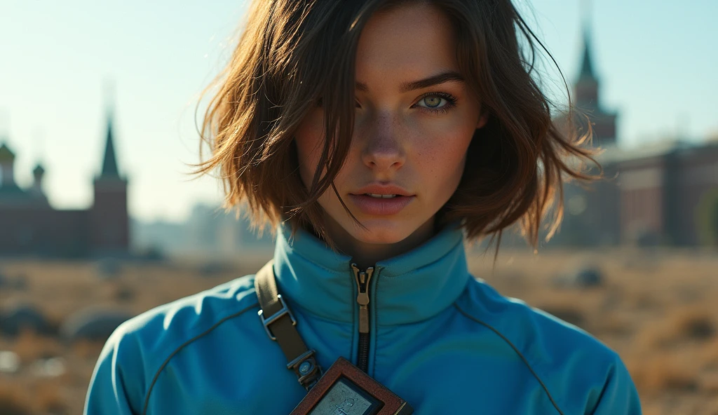 1 Young woman (Best quality, masterpiece, dynamic perspective, Maximum detail) fashion photography, Young woman ((Brown hair, layered bob haircut, grey eyes)) in the apocalyptic wasteland of Moscow in daylight, hips, light passes through hair, (official art) (in a neon blue Vault jumpsuit) Pip-Boy on the left hand
