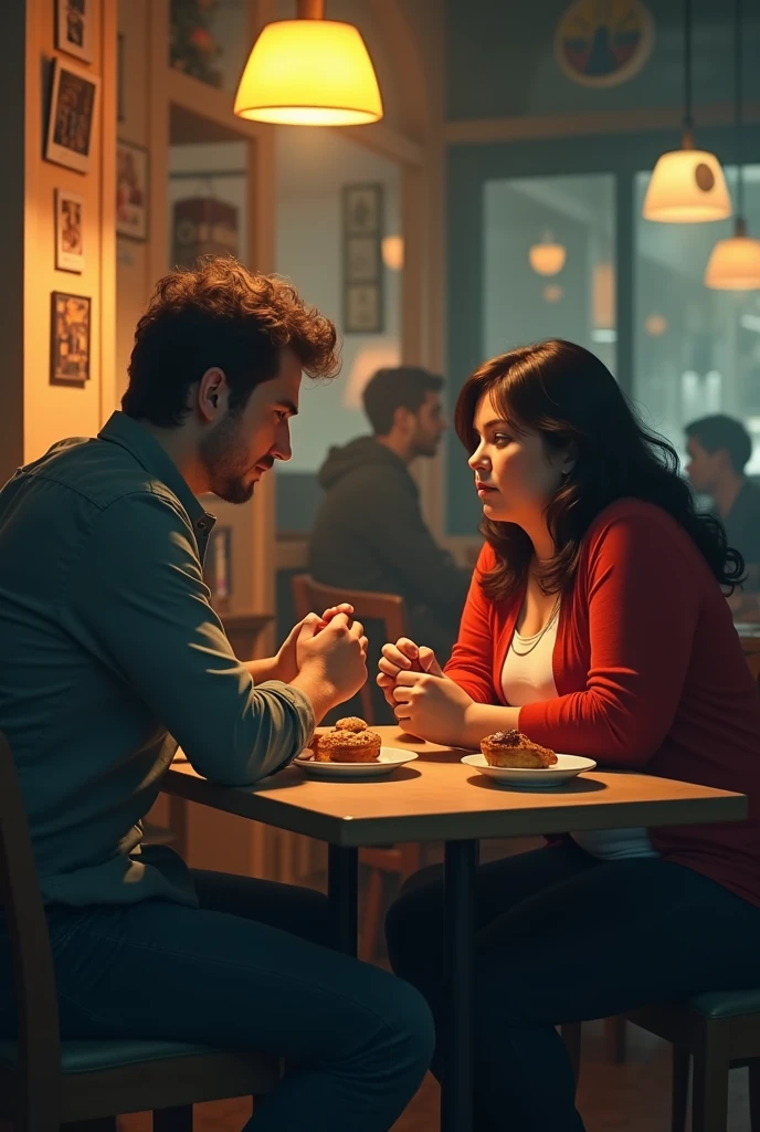 A failed man trying to pick up a fat lady in a cafe