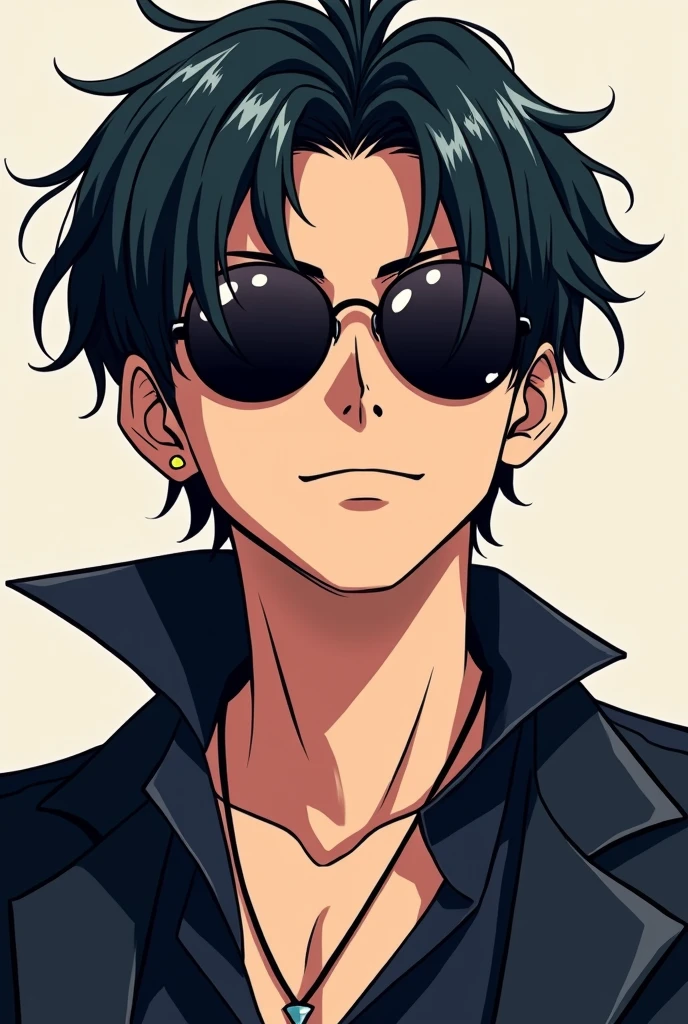Mafia boy with tinted sunglasses anime. Both shoulders can be seen. Happy