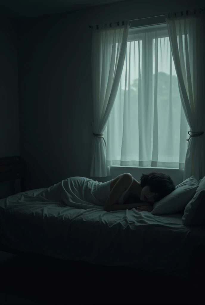 A person is lying in bed alone with a window next to him with curtains closed.
