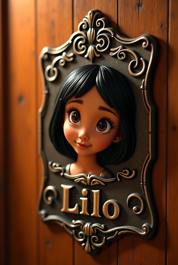 1girl, Lilo and Stitch, Geraldine identification plate, highly detailed, intricate engraved metal plate, unique vintage style, warm lighting, photorealistic, 8K, cinematic, masterpiece