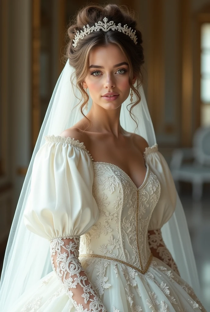 European woman model with hairstyle and veil wearing extremely luxurious white baroque embroidered puff sleeve wedding dress.