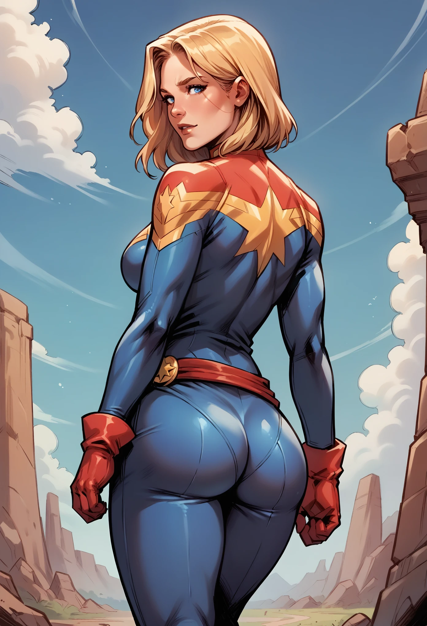 score_9, score_8_up, score_7_up, BREAK, score_9, carol_danvers, blonde hair, short hair, blue eyes, bodysuit, star logo, red gloves, red belt, long hair, looking at viewer, cowboy shot, ass, from behind, sky