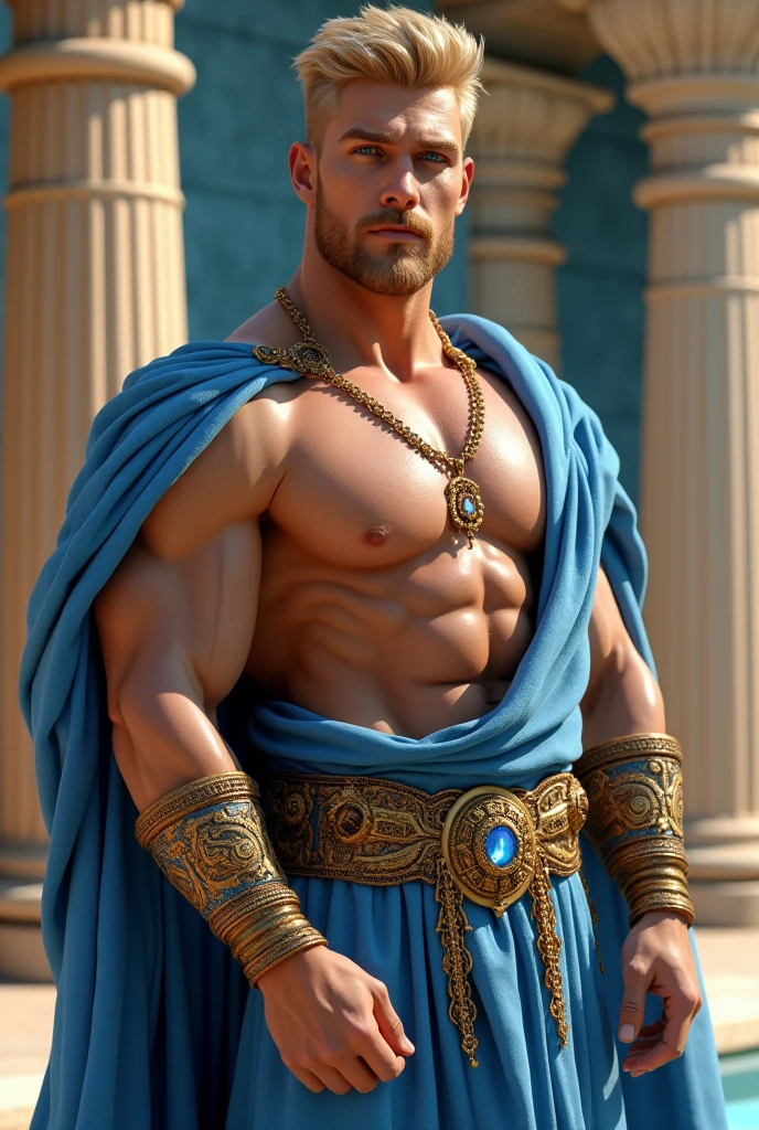 (man:1.5),1 man,male, muscle, 1 chico, muscle, pectoral, muscular, Mature man, 25 years,1 man,macho man,perfect body,an extremely delicate and beautiful detailed face,((by blond,cute hairstyle,short by blond)),(((blonde very short beard, blonde very short beard))), (((blue_eyes:1.3))),Intricate eyes,beautiful detailed eyes,symmetrical eyes,perfect face, cute hairstyle,perfect proportions, thick, ((detailed face)),macho man, (male Caucasian Prince),Prince, (((shiny skin:1.5,tanned skin,shiny skin: 1.5,tanned skin,shiny skin,very shiny skin,shiny body))),powerful,heroic,NSFW, Caucasian,elegant, (open to that, Arabic fashion,Arabic for that, Cowboys,White shirt, Masculine traits, modern style,Arabic clothing),(((blue toga, blue toga suit, wearing a blue toga:1.3,arab blue toga))),(arabic jewelry,Intricate necklace),((bulge in pants)),(((Intricate outfit,Intricate clothes,embellished suit))), (dynamic pose:1.0),ashamed,(centered,Scale to fit dimensions,rule of thirds), inside,interior,((room in a greek temple:1.3,columns of a greek temple:1.3)),scenery:1.25,((Intricate scenery)),((winter decorations)), (Bright winter decorations),High resolution,sharp focus,(ultra detailed,extremely detailed),(photorealistic artwork:1.37),(extremely detailed CG unity 8k wallpaper),(((vibrant colors,vibrant theme))),(Intricate),(masterpiece),(Best Quality),