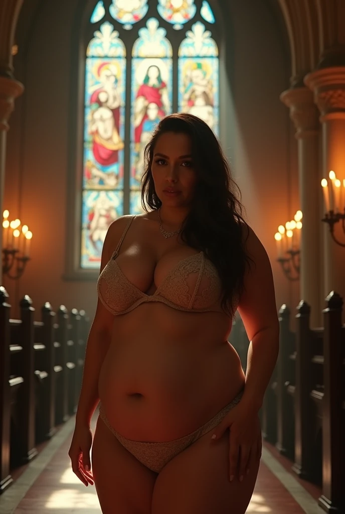 Woman in sensual pose with lingerie, voluminous body, bountiful breasts, inside a church with candles lit, stained glass windows illuminated by sunbeams, super realista bem detalhado em hd high qualiy, ((best qualityer, Top-notch image quality, high qualiy, Real image in high resolution, detaileds, masterpiece, professional photograpy))