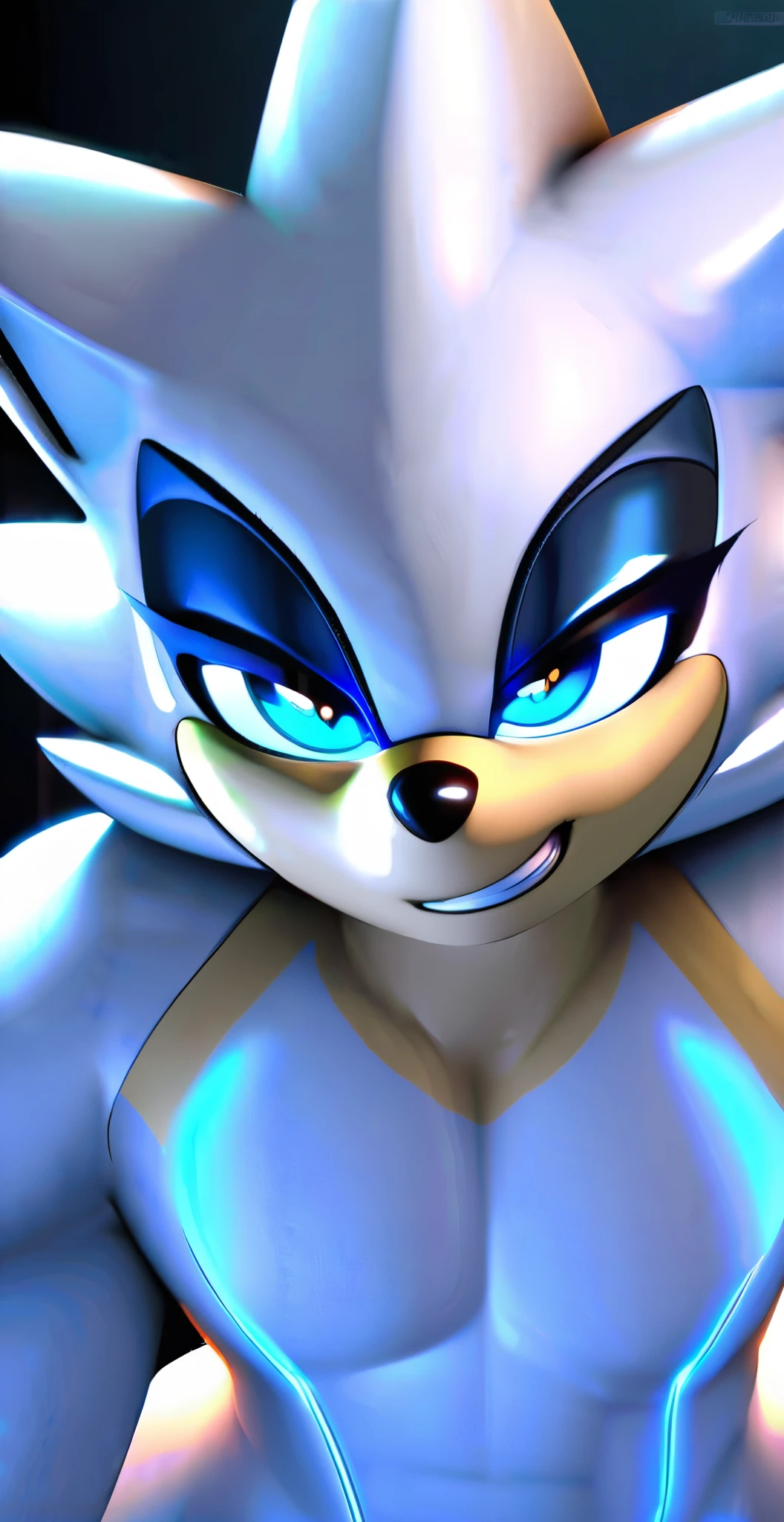 (((masterpiece:1.5, 4K, 8K))), a (((full body:1.5))) high quality digitally drawn rendered image ((by SEGA)) of A solo male anthro ((silver—white hedgehog)), with glowing blue eyes, ((metallic blue eyeliner:1.5)), (((tan muzzle))), (((naked))), no clothing, the android has a seductive smirk on his face
