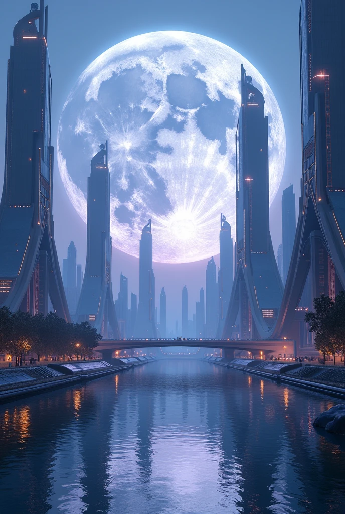 modern planet, night, super gigantic moon on the sky, blue-purple sky, tall buildings