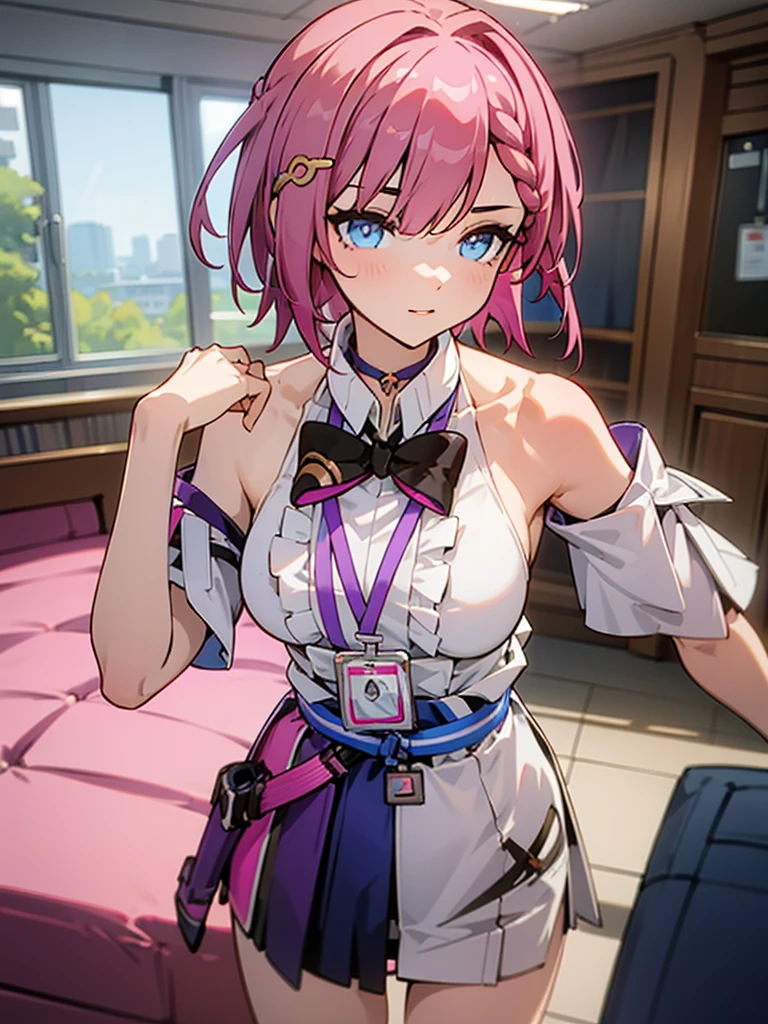 1girl, asta from honkai star rail, pink short hair, short ponyside hair, blue eyes, wearing her outfit, doing daily activities, indoor, very detailed background, many furnitures, masterpiece, highres, ultrahd,