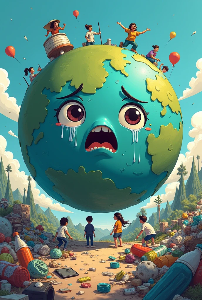 animated cartoon, planet earth crying and people throwing garbage
