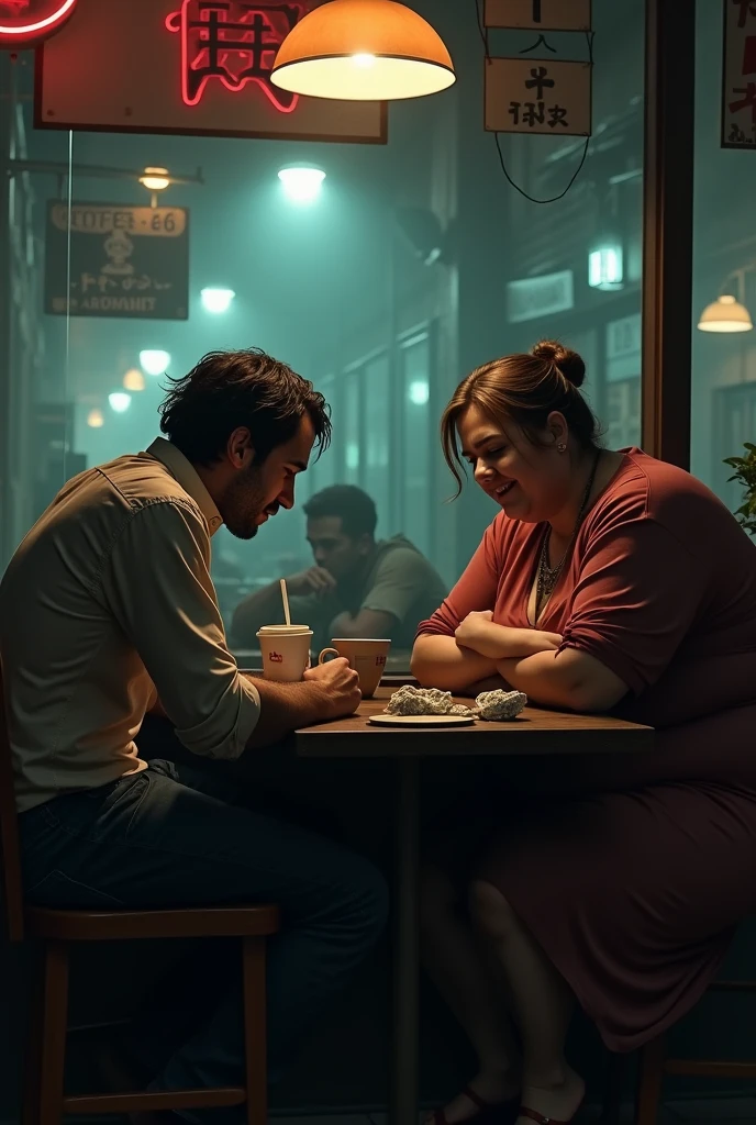 A failed man trying to pick up a fat lady in a cafe alone