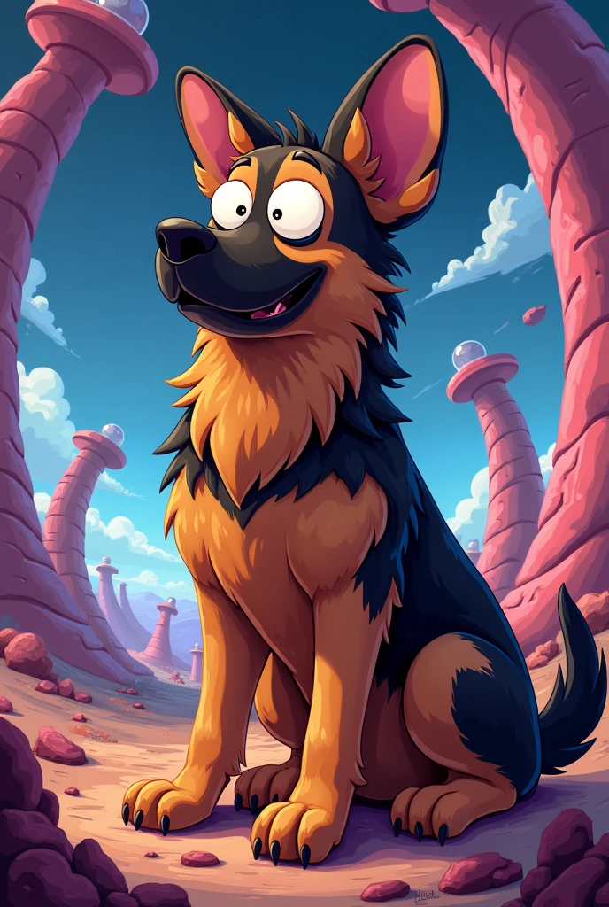 I would like to create a Rick and Morty type cartoon of my brown and black German shepherd dog 