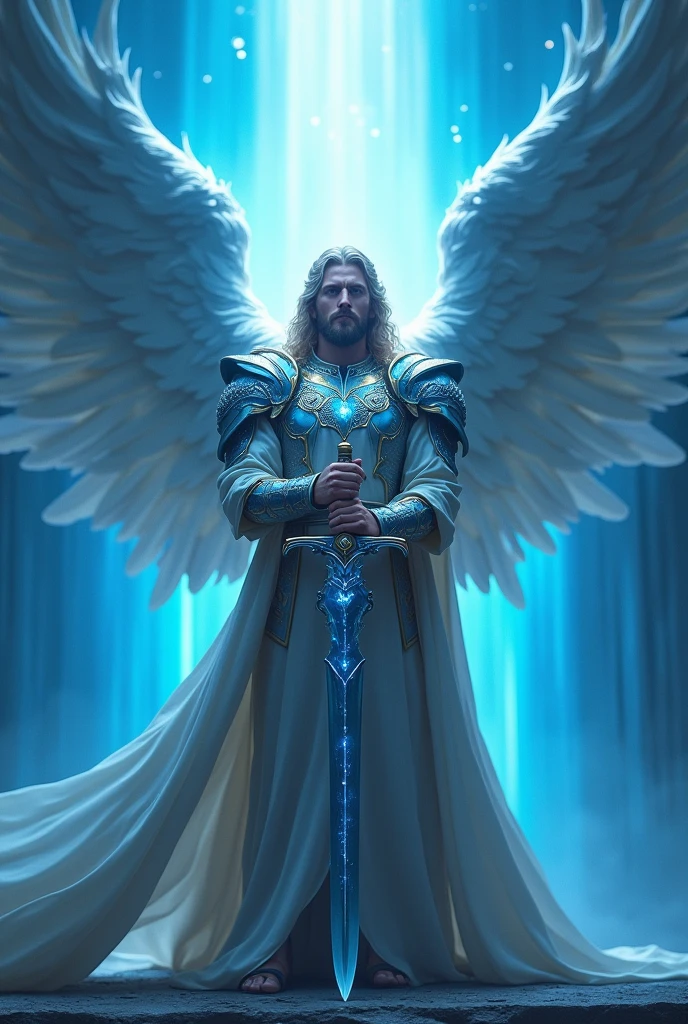 An archangel Michael holding a sword in front of him and with a blue light in the background inspiring strength and protection