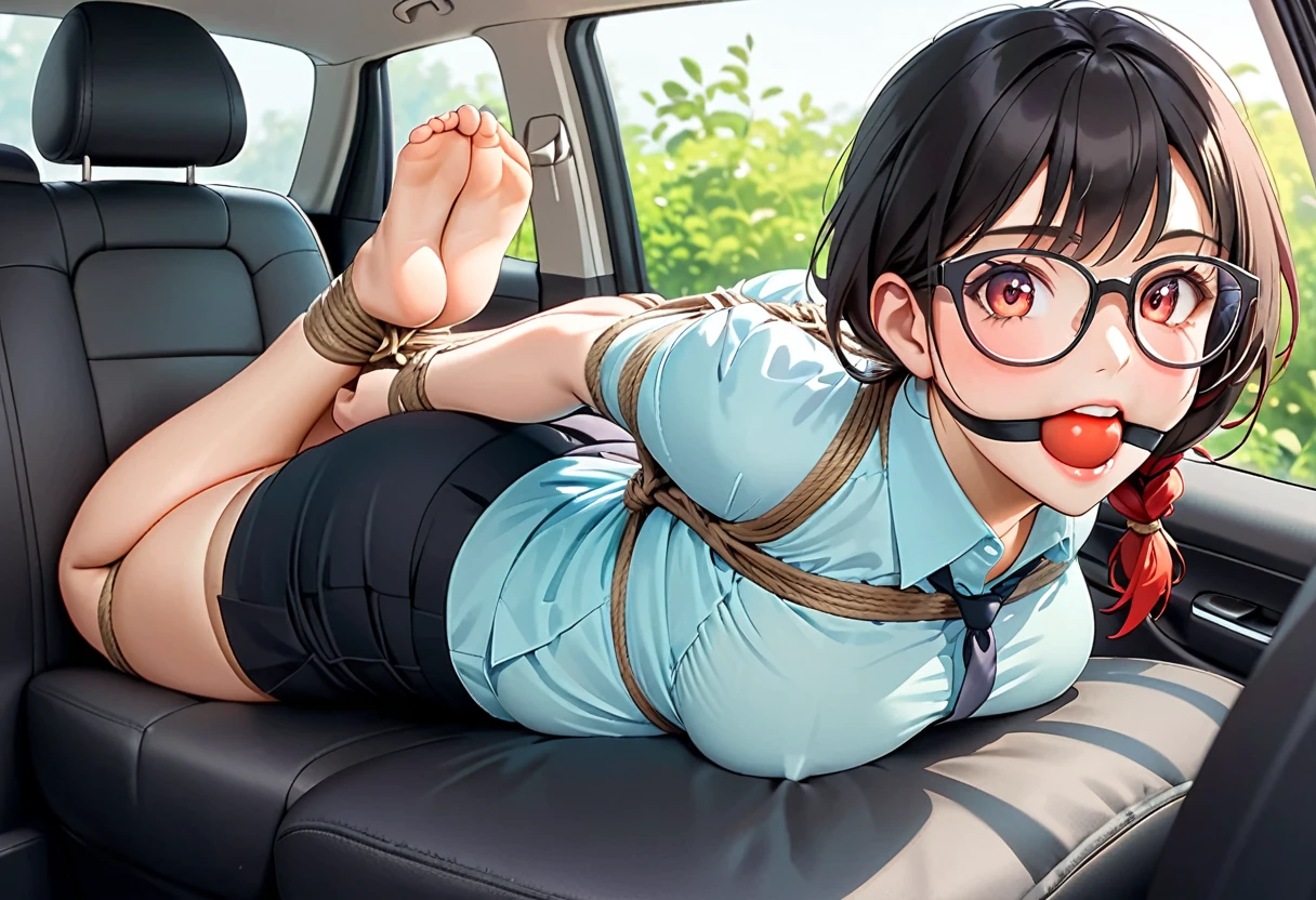 Close-up shot of a sexy woman, Gorgeous with captivating eyes and perfect makeup, radiant childhood friend, emphasized by the shirt,pencil skirt, Show off your sexy figure with big thighs and wide hips, provocative. tie (Shibari, tay bị tie sau lưng: 1,5), (Shibari: 1,21), Bị tie, chân bị tie, gag with drool ball,wearing big red ballgag glasses, in car, dây tie màu xanh lá cây