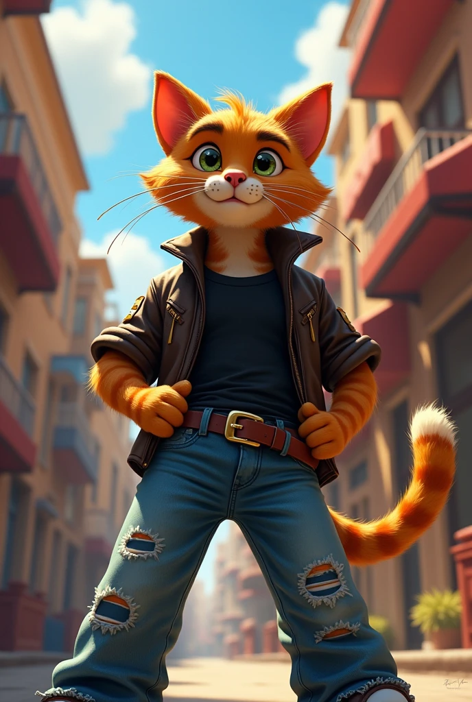 Puss in Boots with black t-shirt and jeans
