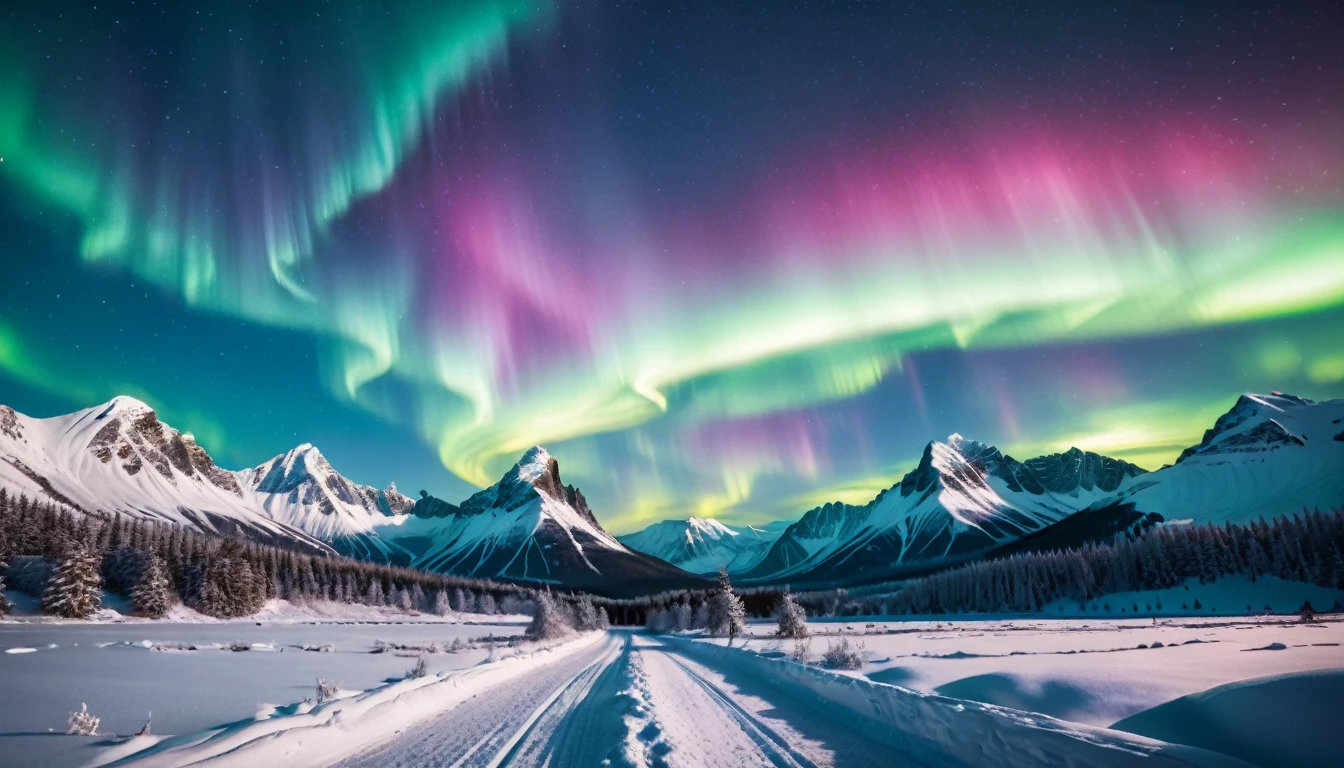 snow,aurora,cinematic lighting,(masterpiece,8k,Professional,perfect composition,very aesthetic,absurdres,ultra-detailed,intricate details:1.2),perfect proportion