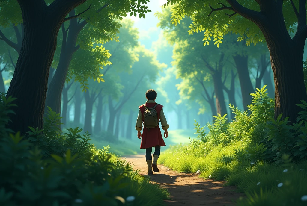 Image of the prince walking towards a forest with his back turned. With a small backpack