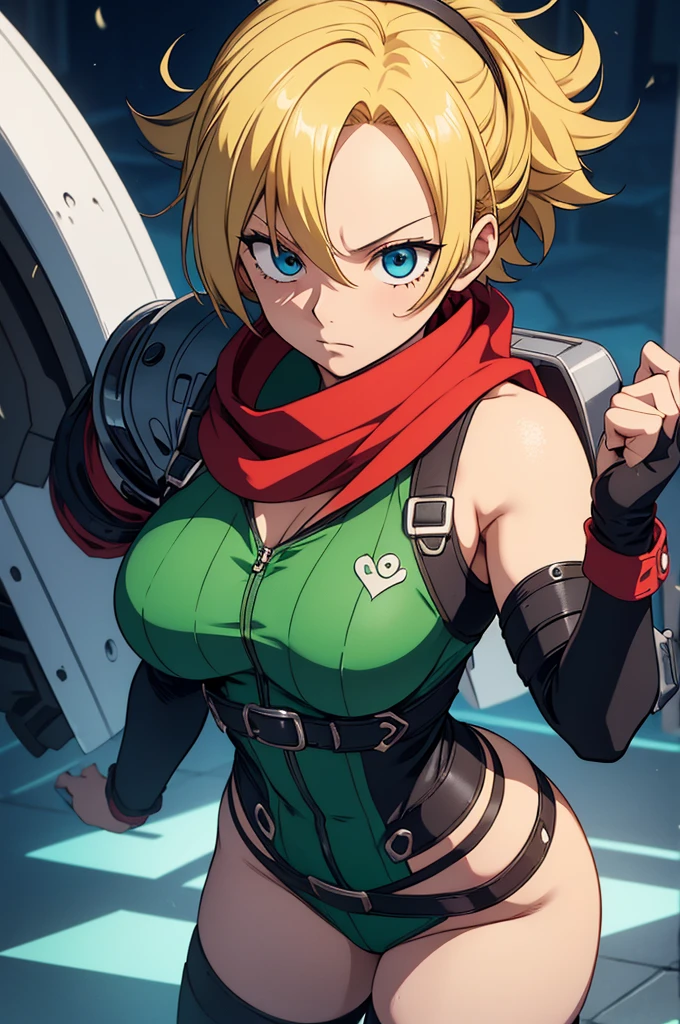 Visualize a gender-swapped Sanji from *One Piece* reimagined as a female version of Izuku Midoriya (Deku). She has blonde hair, but it’s styled in a way that captures Deku’s iconic messy, tousled look. Her bright blue eyes, now slightly larger and more expressive, reflect Deku’s determination, kindness, and unwavering resolve to become a great hero.
She is dressed in a Deku-inspired hero outfit with a feminine twist:
- **Suit:** A green, form-fitting bodysuit that mirrors Deku’s iconic hero costume. The suit is designed with sleek, modern lines and subtle details, such as reinforced padding around the shoulders and knees, to convey both strength and agility. The green hue is vibrant, with accents in darker green or black for contrast.
- **Mask:** A modified version of Deku’s mask, possibly designed as a sleek, high-tech visor or headgear that fits snugly around her face. The mask has feminine touches, like smoother lines or a slightly more elegant design, but still retains the essence of Deku’s original look.
- **Gloves and Boots:** She wears white, fingerless gloves with reinforced knuckles, and red, knee-high boots with white laces, staying true to Deku’s color scheme while adding a touch of flair.
- **Accessories:** Around her neck, she wears a stylized red scarf or collar, reminiscent of Deku’s original gear, with a feminine twist. Additionally, she might carry a small, tech-enhanced backpack or utility belt, adding practicality to her hero ensemble.
**Additional Details:**
- **Pose:** Sanji’s pose is strong and determined, perhaps in mid-action or standing confidently with fists clenched, ready to face any challenge. Her expression is focused and resolute, with a hint of Deku’s characteristic earnestness and determination to protect others.
- **Background:** The setting could be a cityscape or a training ground, emphasizing the hero aspect of the character. The background features elements like tall buildings, training equipment, or a dynamic, action-packed
