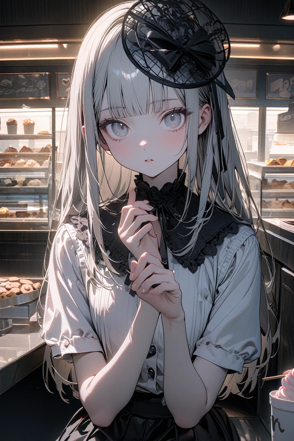 (8K, best quality, master piece: 1.2),super high resolution,1 girl,solo,16yo,ultra-detailed face,detailed eyes,silver eyes,blunt bangs,silver hair,Straight hair,Long hair,pale skin,white short sleeve petal collar blouse,black tiered skirt,black Fascinator,expressionless,lash extension,parted lips,rim light,perfect hands, perfect fingers,eatinga softcream topped with cat-shaped cookies,Looking at viewer,Sitting,indoors Icecream shop