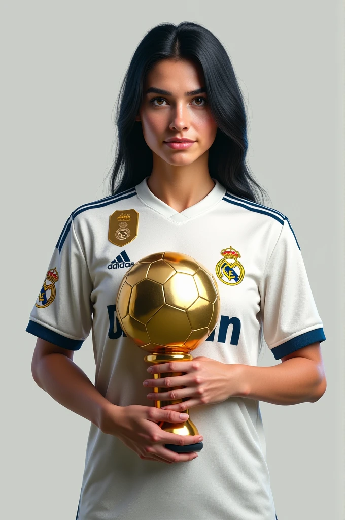 create an image of a player with the Real Madrid shirt, straight and black hair, with the Real Madrid shirt with the name "Josué" and number 8, holding the golden ball with one hand and the other side