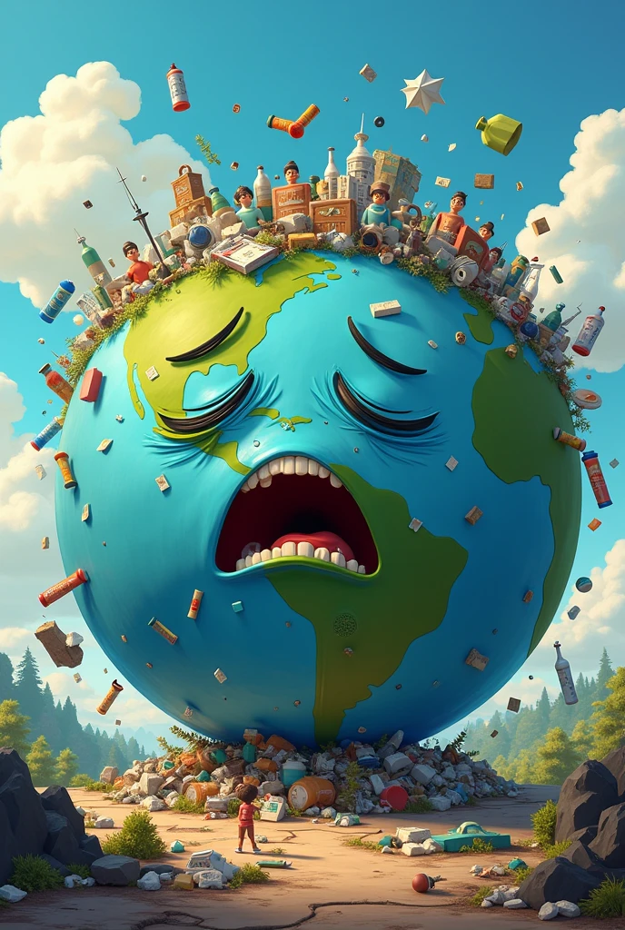 animated cartoon, planet earth crying and people throwing garbage to draw
