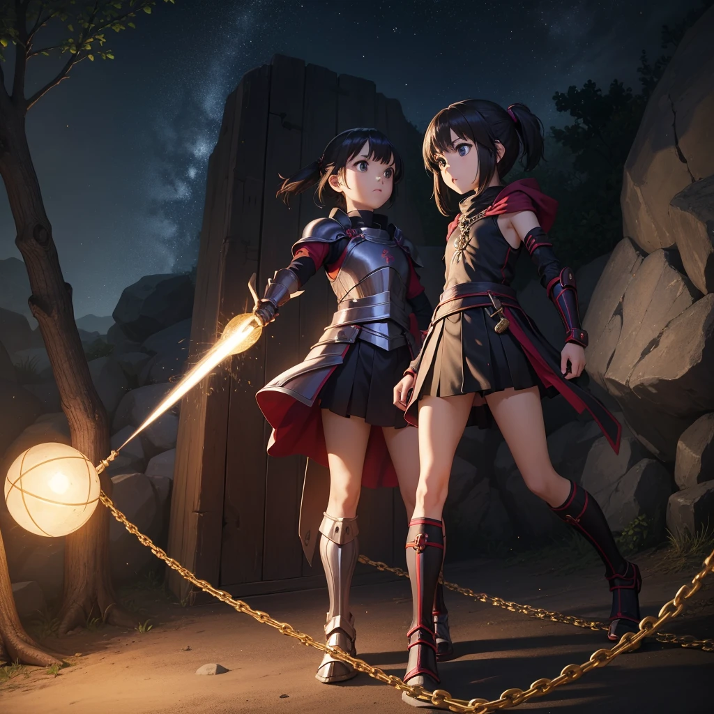 最high quality、high quality、Simple Cloth Armor、10Year-old girl adventurer、Equipped with a weapon that has a short chain at the end of a stick and a spiked iron ball at the end of the chain、In a dark maze