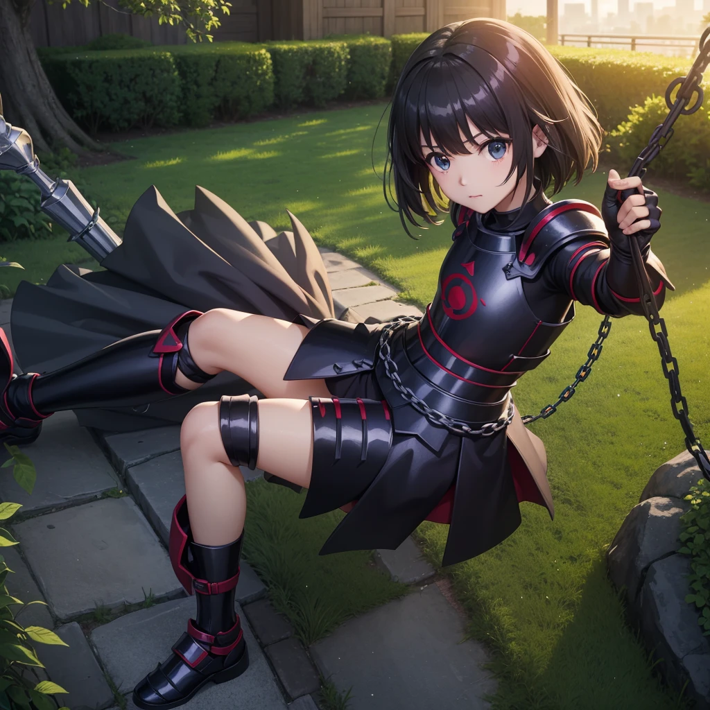 最high quality、high quality、Simple Cloth Armor、10Year-old girl adventurer、Equipped with a weapon that has a short chain at the end of a stick and a spiked iron ball at the end of the chain、In a dark maze