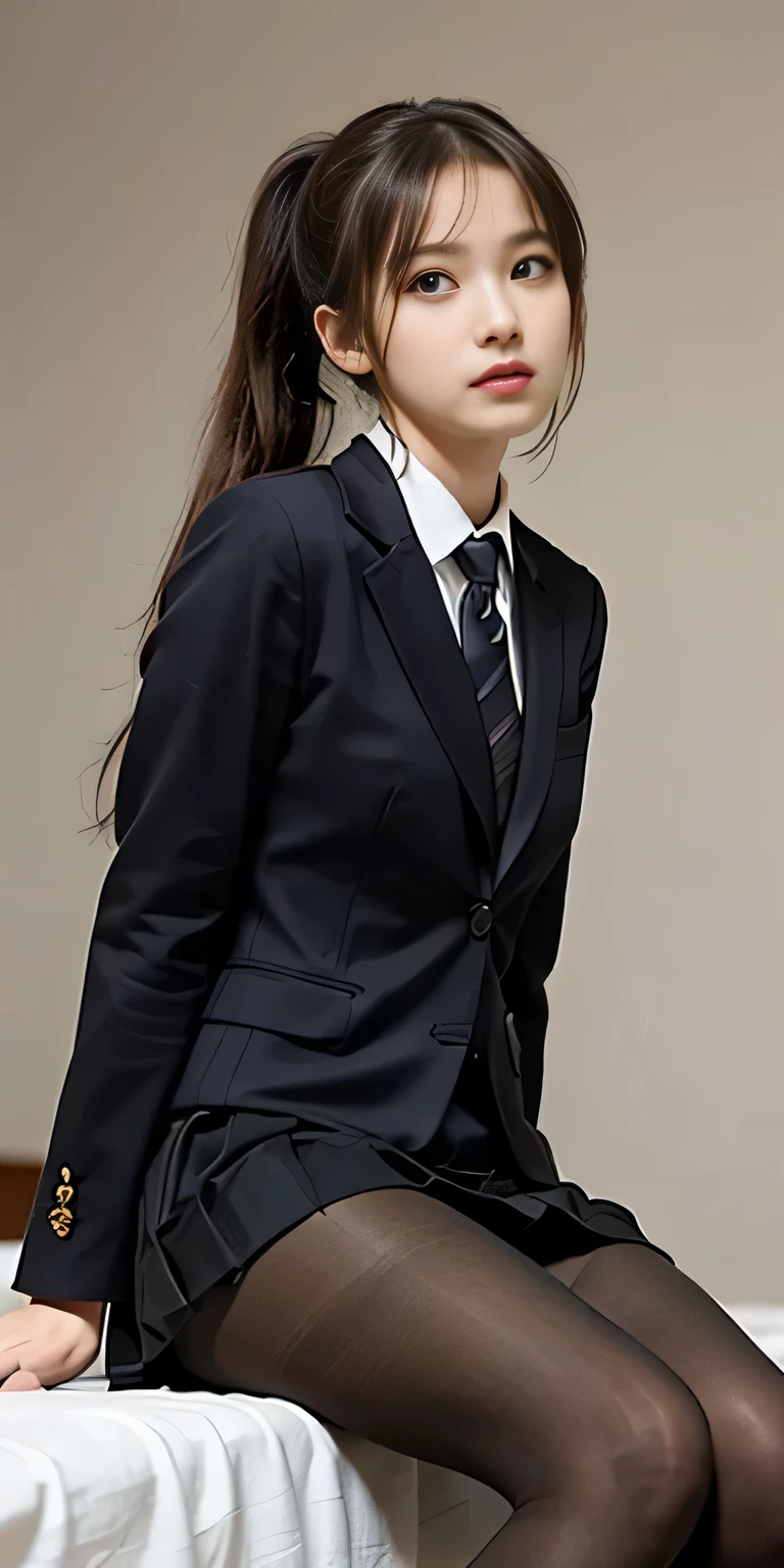 ((masterpiece:1.4))、((A woman with light brown ponytail hair:1.4))、((Wear a black pleated skirt:1.4))、((黒色のタイトなWearing a suitいる:1.4))、((Shooting from below:1.4))、((Sit on the bed:1.4))、very Sexy Costumes, 厳格なWearing a suitいる、Stylish and gorgeous cosplay, Sexy Costumes, ファッションWearing a suitいる, Wearing a suit, Dress appropriately、((黒色のタイトなWearing a suitいる:1.4))、Sexy look, suit、((黒いWearing a suitいる:1.4))、黒いWearing a suitいる、((Black Pantyhose:1.4))、((Confused expression:1.4))、