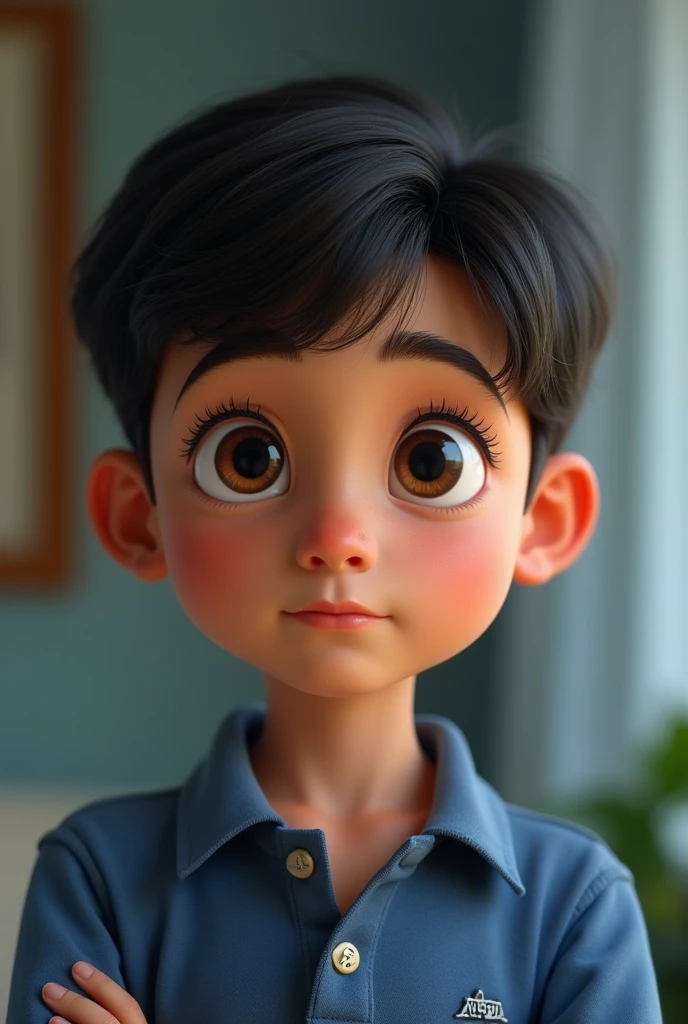 a boy with dark brown eyes with long eyelashes and a curler with a blue polo shirt and black hair is medium