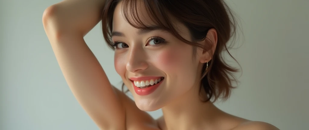 A ultra realistic detailed woman with a cute smile with short hair touching her anus